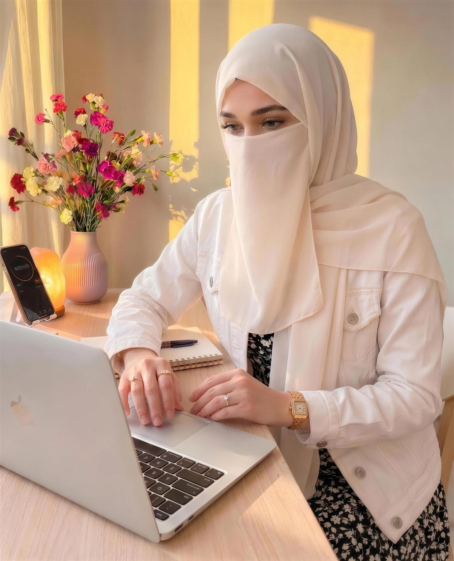 Farkhanda Jabeen at her desk on a laptop during an online health coaching session in Dubai